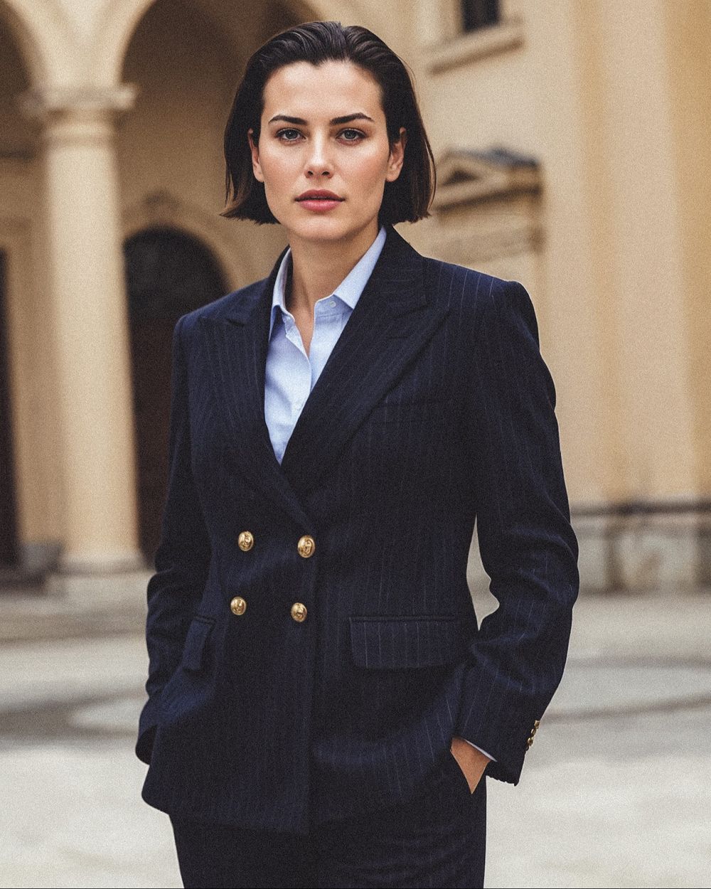 Navy Blue double breasted striped wool blend Wide Leg Pant Suit - relaxed fit