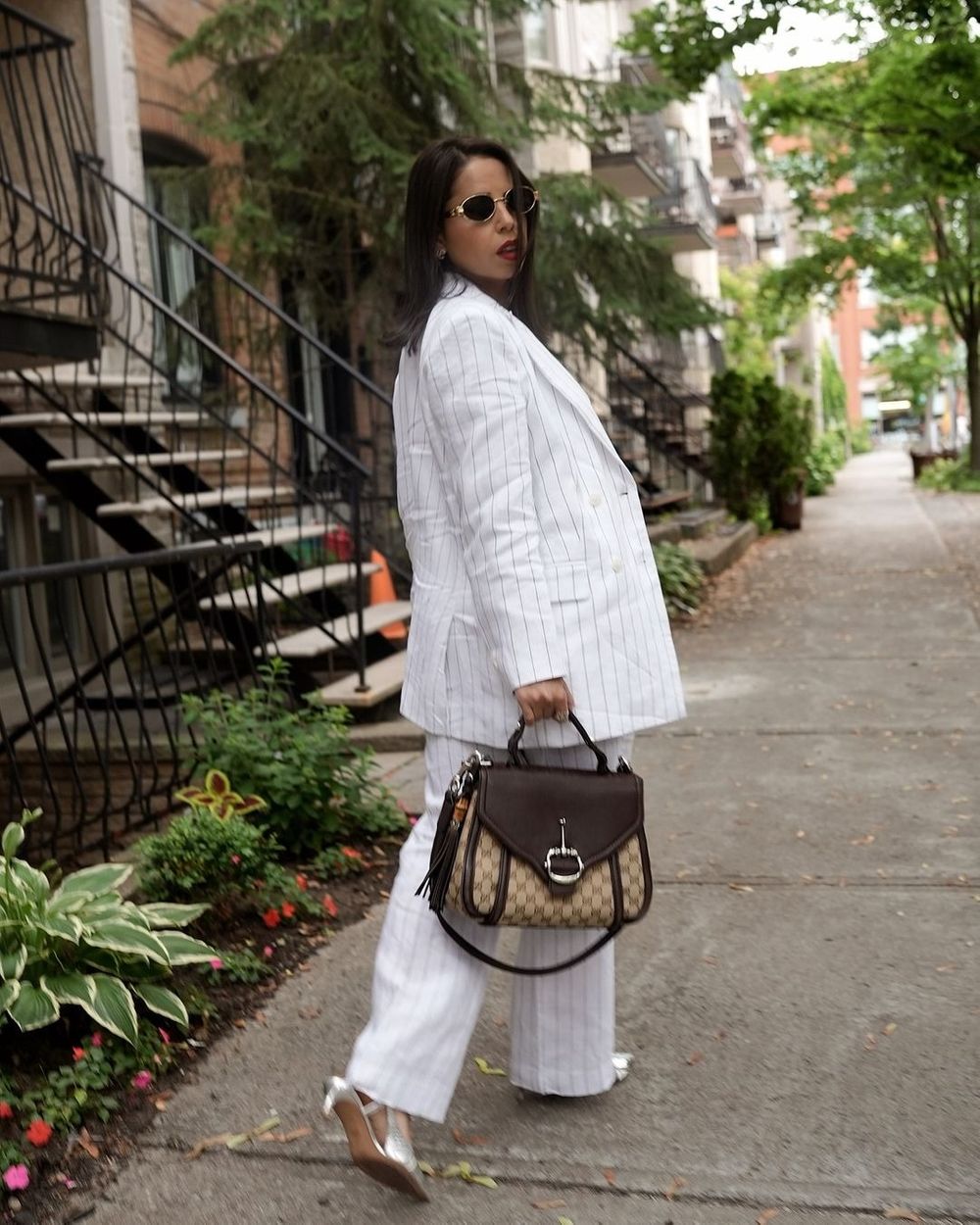 White double breasted striped linen Wide Leg Pant Suit